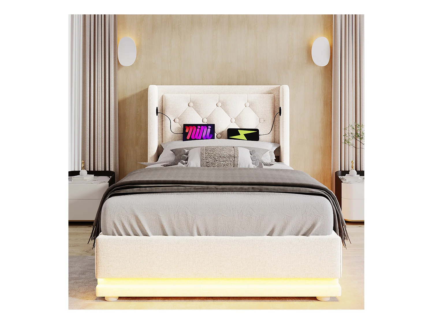 Lit tapissé 90x200 cm simple, LED 3 côtés, hydraulique, tête avec USB-C, coton beige (Avec matelas)