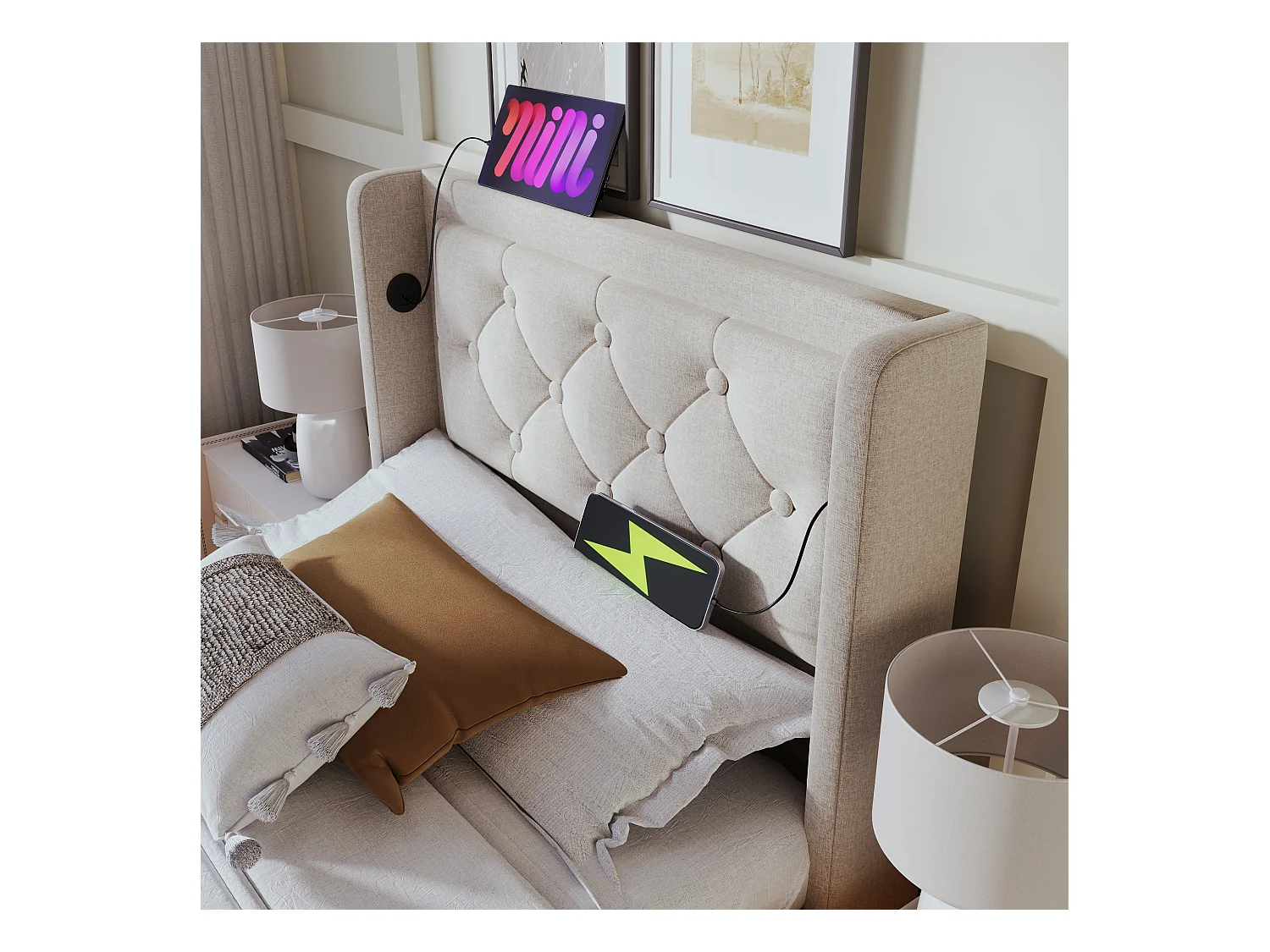 Lit tapissé 90x200 cm simple, LED 3 côtés, hydraulique, tête avec USB-C, coton beige (Avec matelas)