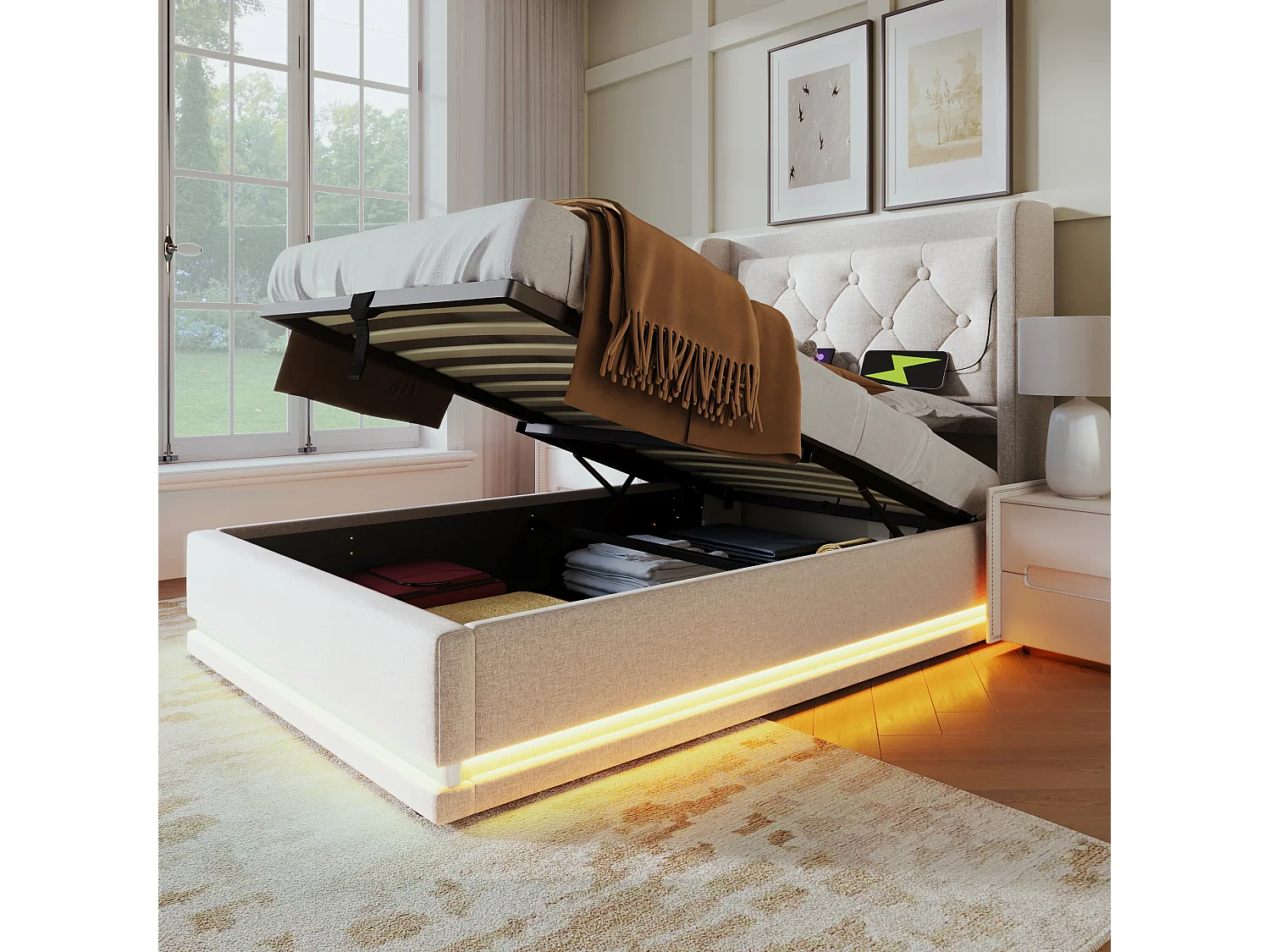 Lit tapissé 90x200 cm simple, LED 3 côtés, hydraulique, tête avec USB-C, coton beige (Avec matelas)