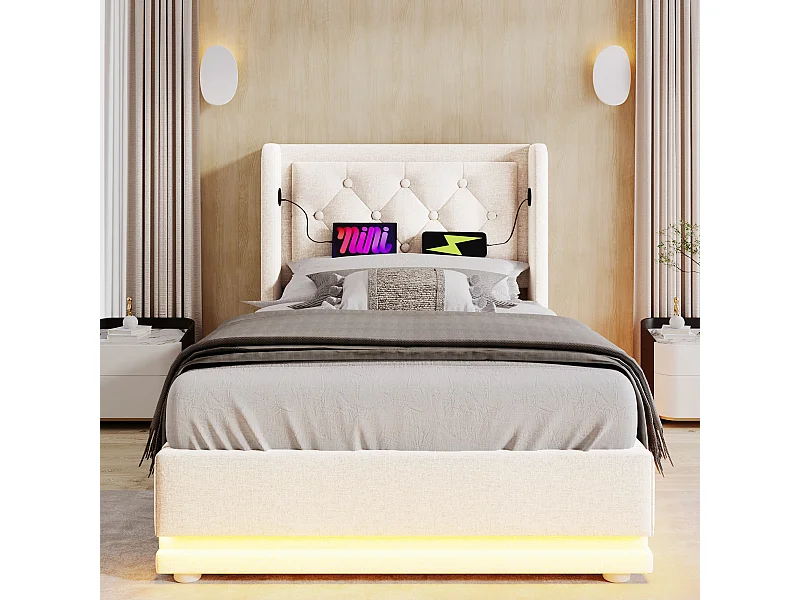 Lit tapissé 90x200 cm simple, LED 3 côtés, hydraulique, tête avec USB-C, coton beige (Avec matelas)