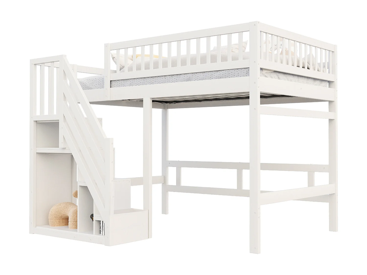 Lit en bois massif 140x200 cm blanc, avec escalier à armoire, barrière haute, lit enfant ou adolescent