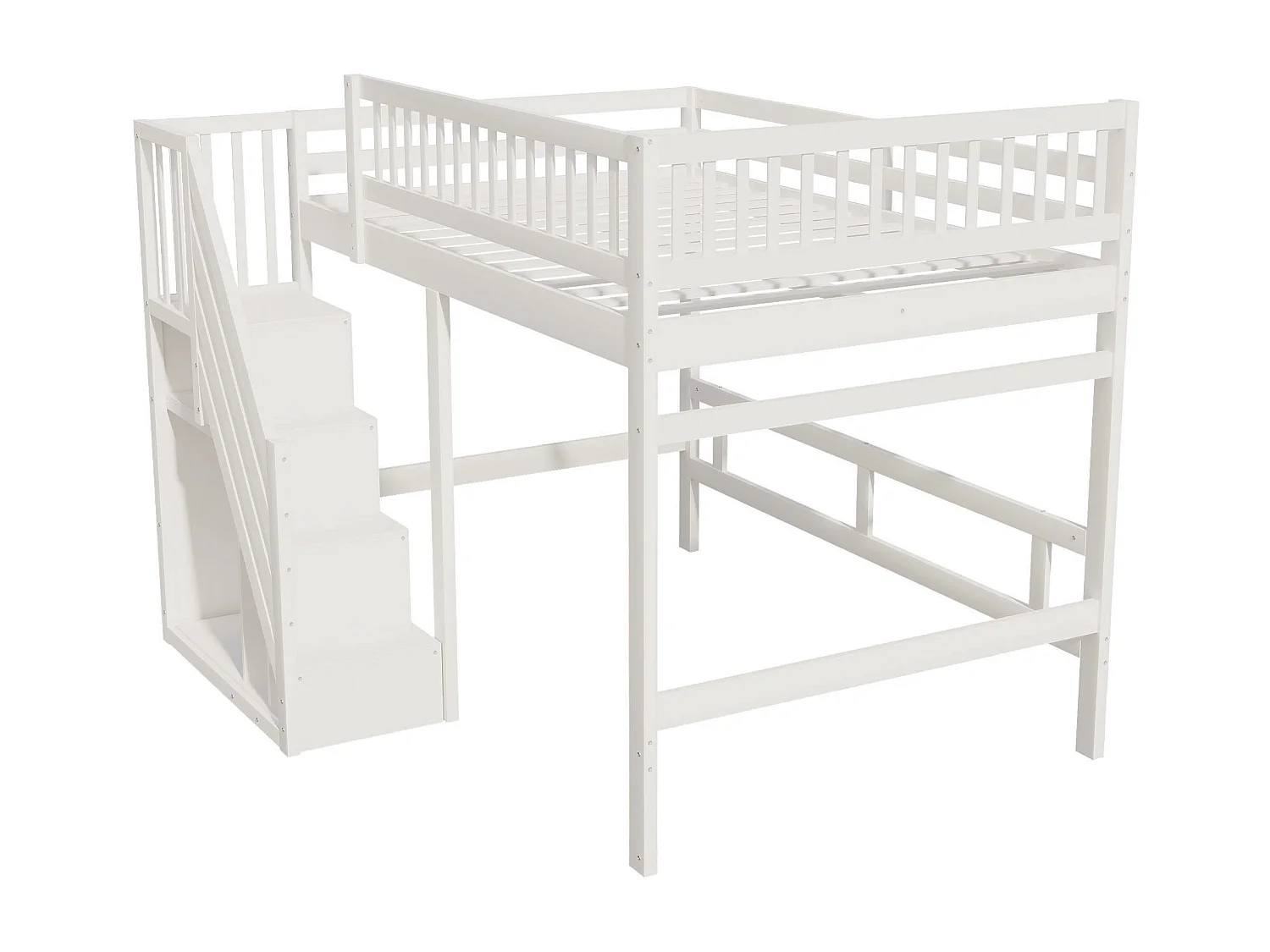 Lit en bois massif 140x200 cm blanc, avec escalier à armoire, barrière haute, lit enfant ou adolescent