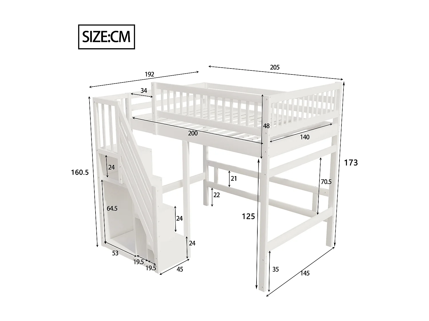 Lit en bois massif 140x200 cm blanc, avec escalier à armoire, barrière haute, lit enfant ou adolescent