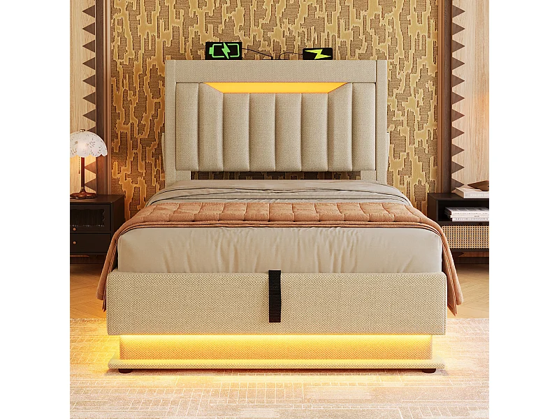 Lit tapissé 90x200 cm simple avec tête LED, rangement hydraulique, USB/Type-C, LED aux pieds, tissu lin beige (Avec matelas)