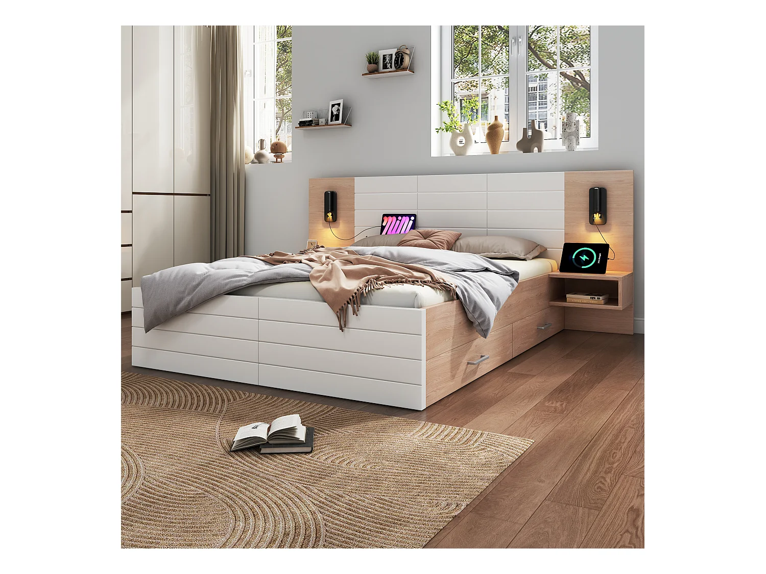 Lit double en bois 160×200 cm avec tête de lit à LED, 2 tiroirs et 2 tables de nuit, port USB, chêne/blanc