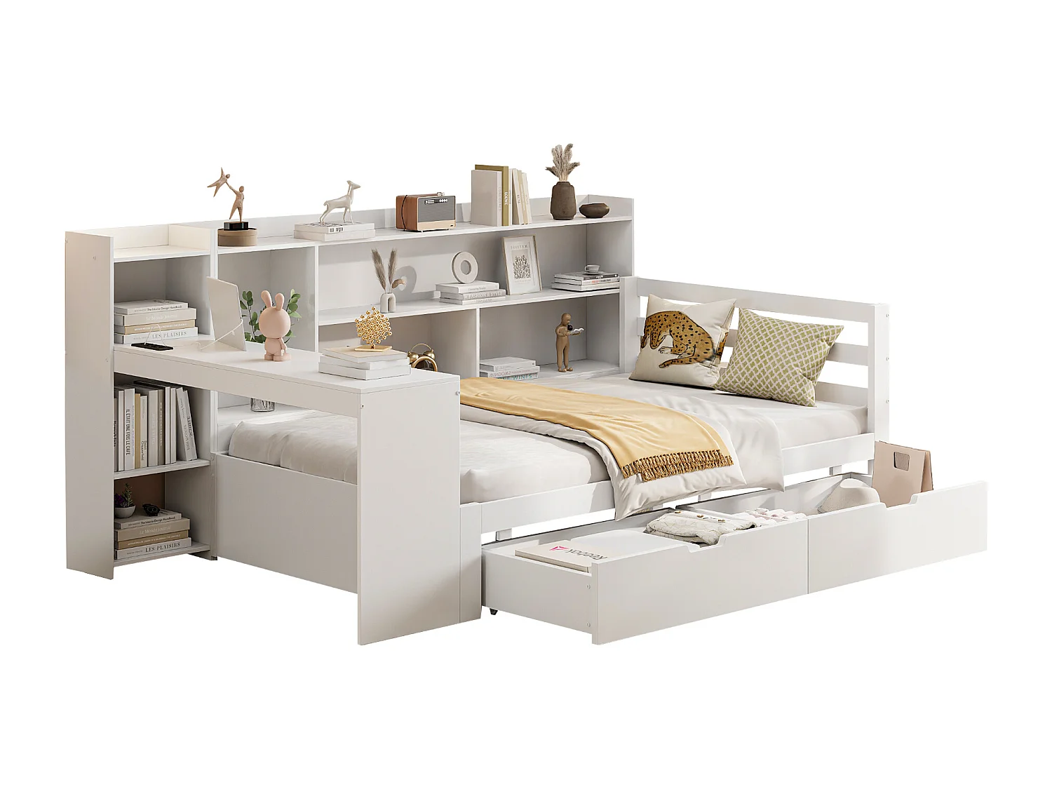 Lit canapé 90x200 cm en bois massif, avec bureau, étagères, prises et 2 grands rangements, multifonction, blanc