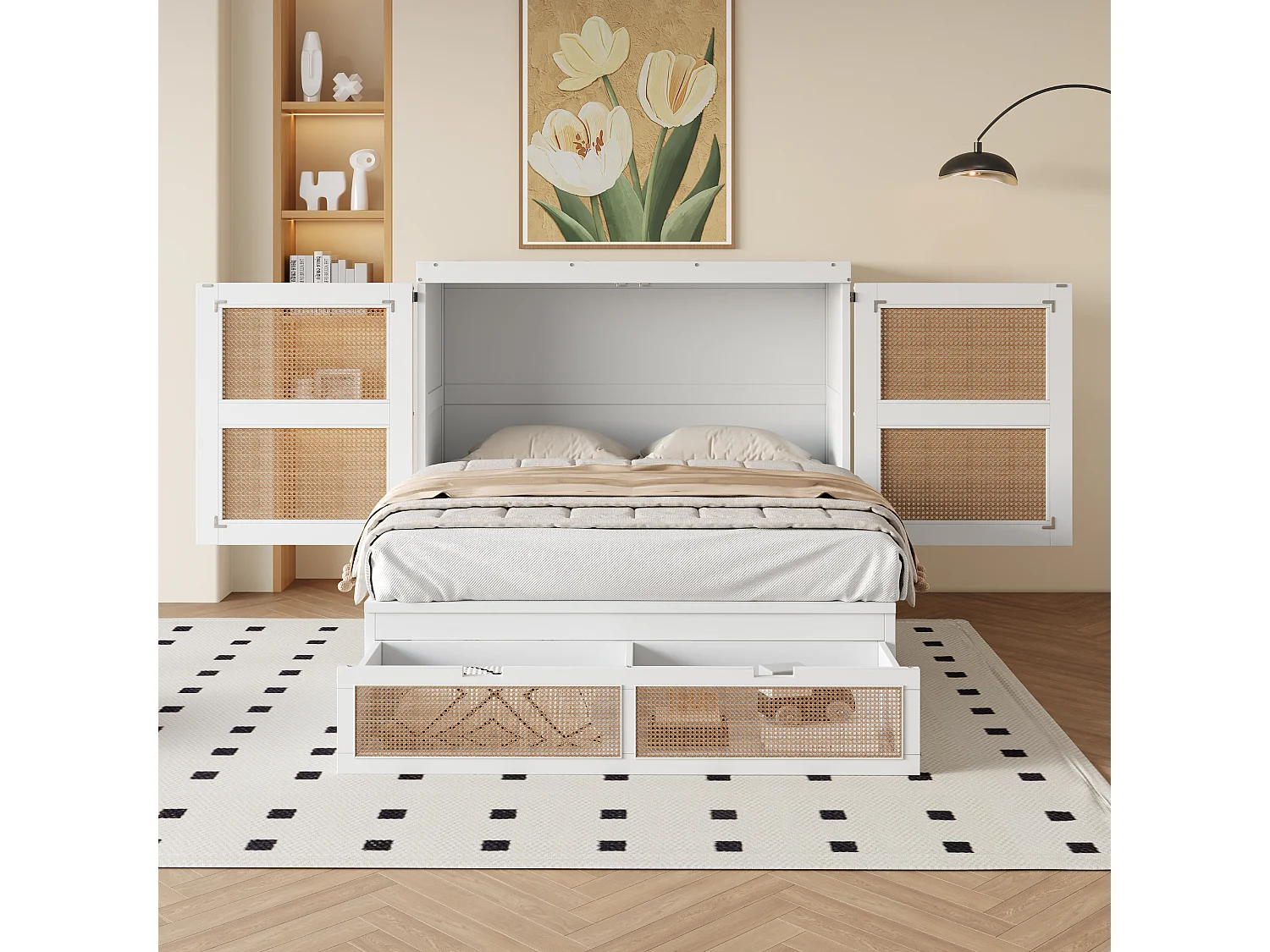 Lit escamotable 140x200 cm blanc, avec tiroirs de rangement, design en rotin, lit mural avec sommier