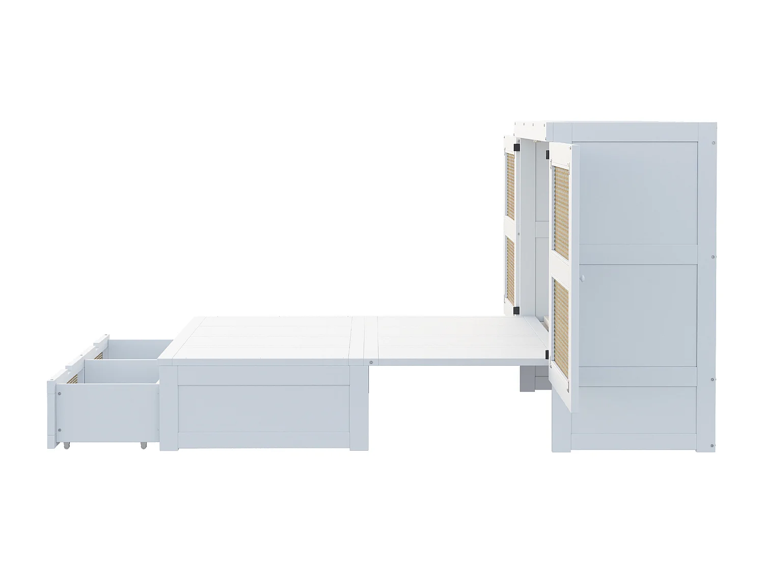 Lit escamotable 140x200 cm blanc, avec tiroirs de rangement, design en rotin, lit mural avec sommier