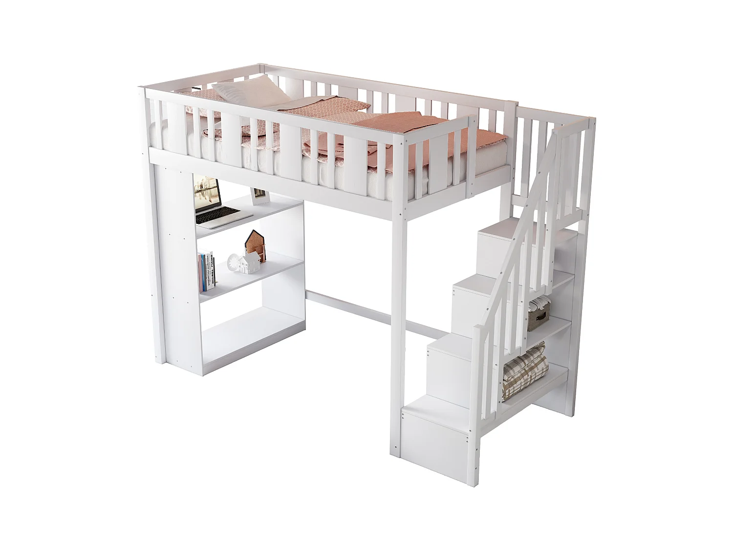 Lit mezzanine 90x200 cm, bois massif, échelle avec rangement, plusieurs tiroirs, lit enfant fonctionnel, lit junior, blanc, sans matelas