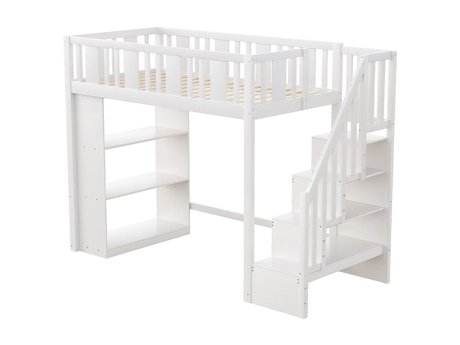 Lit mezzanine 90x200 cm, bois massif, échelle avec rangement, plusieurs tiroirs, lit enfant fonctionnel, lit junior, blanc, sans matelas