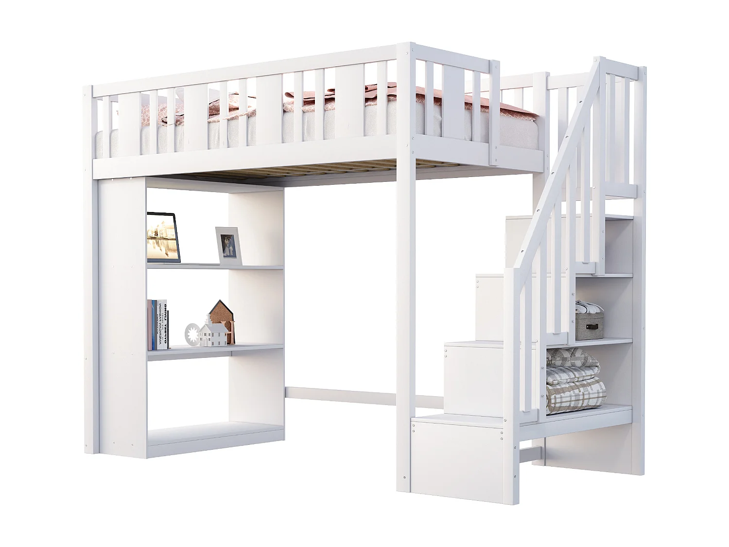 Lit mezzanine 90x200 cm, bois massif, échelle avec rangement, plusieurs tiroirs, lit enfant fonctionnel, lit junior, blanc, sans matelas