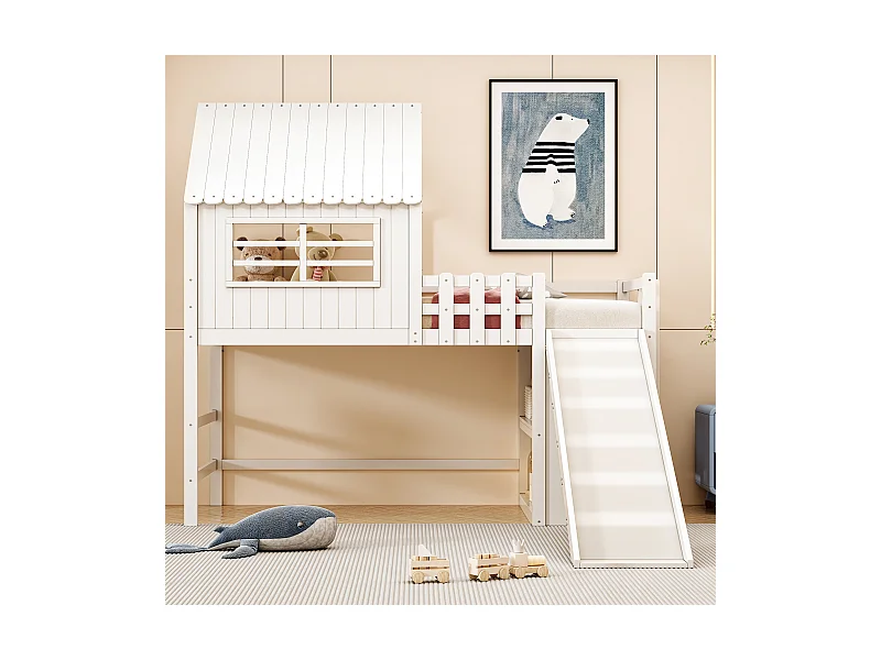 Lit mezzanine 90x200 cm, design loft, échelle et toboggan de sécurité, étagères multiples, lit simple, bois massif, blanc