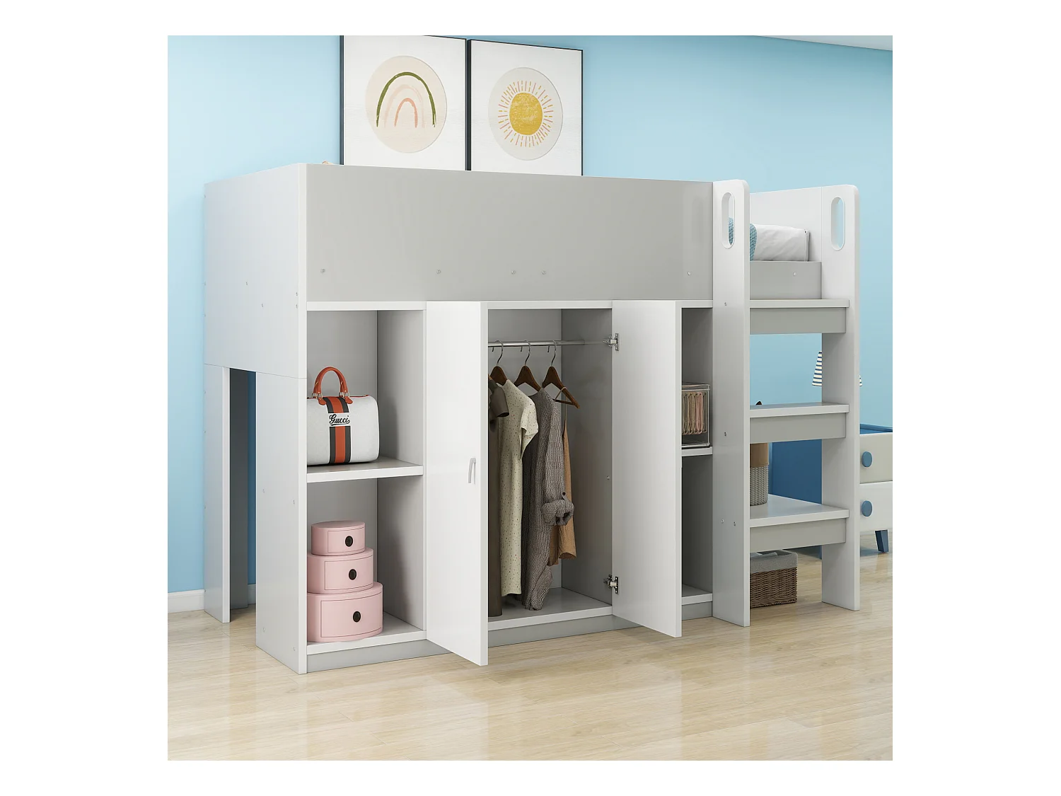 Lit mezzanine multifonction 90x200 cm, bois massif, échelle et tiroirs, armoire et étagères, lit enfant stable, gris