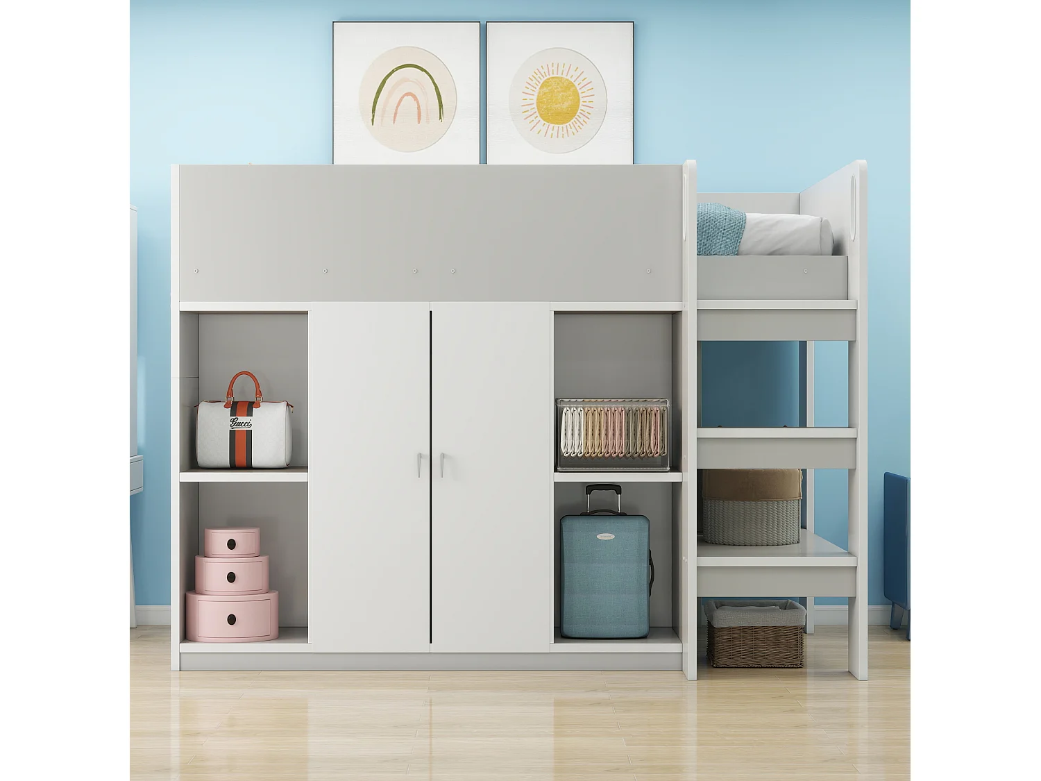 Lit mezzanine multifonction 90x200 cm, bois massif, échelle et tiroirs, armoire et étagères, lit enfant stable, gris