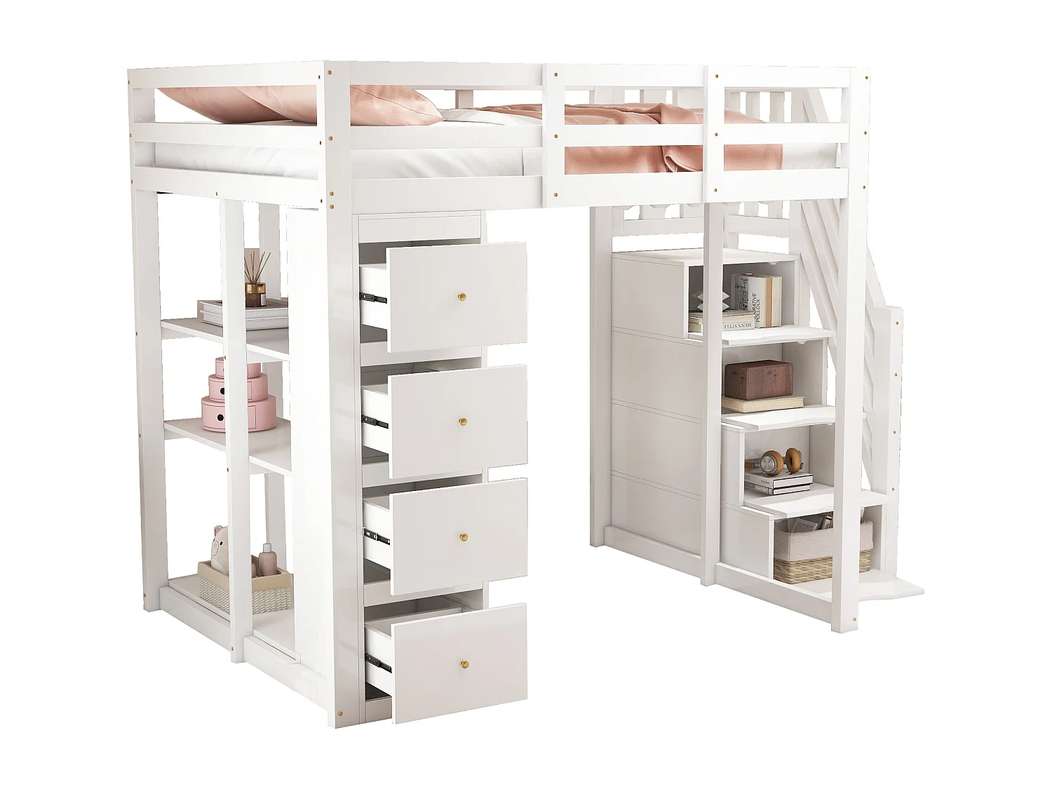 Lit mezzanine 140x200 cm blanc, avec commode, rangements et échelle à tiroirs, lit multifonction en bois massif