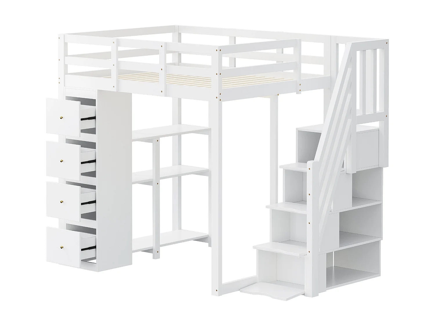 Lit mezzanine 140x200 cm blanc, avec commode, rangements et échelle à tiroirs, lit multifonction en bois massif