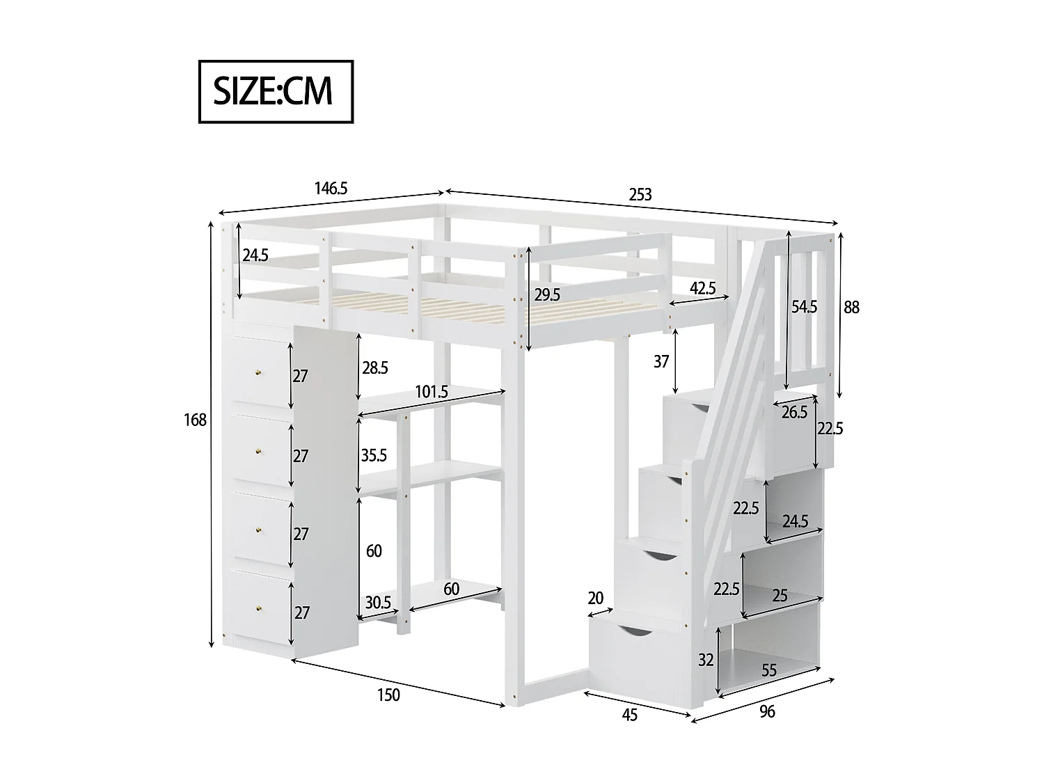 Lit mezzanine 140x200 cm blanc, avec commode, rangements et échelle à tiroirs, lit multifonction en bois massif
