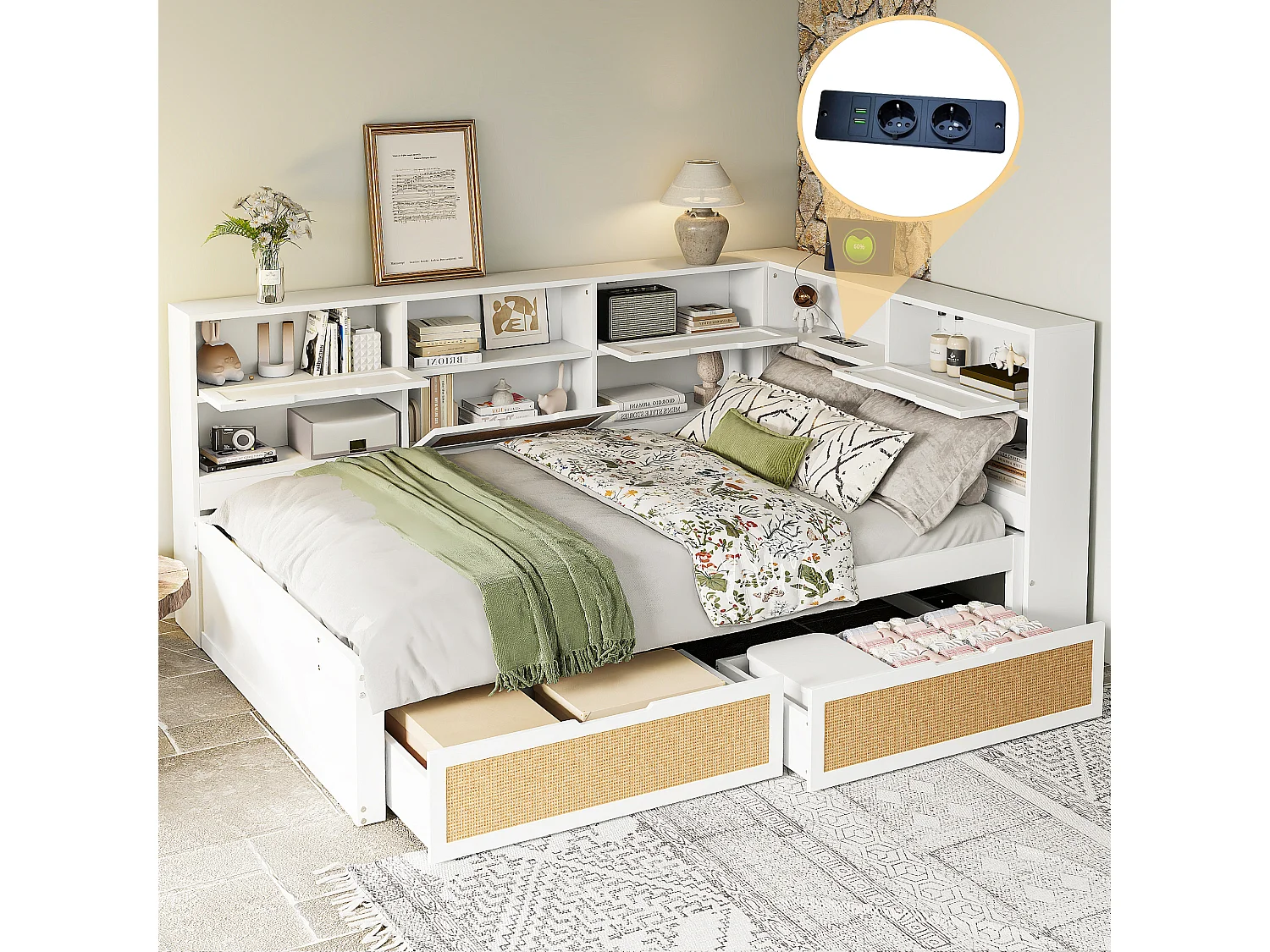 Lit canapé 140x200 cm en bois massif, avec tiroir, rangement, USB, LED, multifonction, blanc