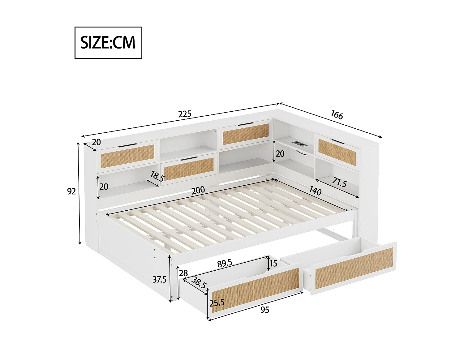 Lit canapé 140x200 cm en bois massif, avec tiroir, rangement, USB, LED, multifonction, blanc
