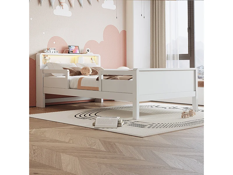 Lit bois 90x200 cm, prise USB et C, petite LED, tête de lit avec rangement, lit enfant, lit simple, multifonction, pin, blanc