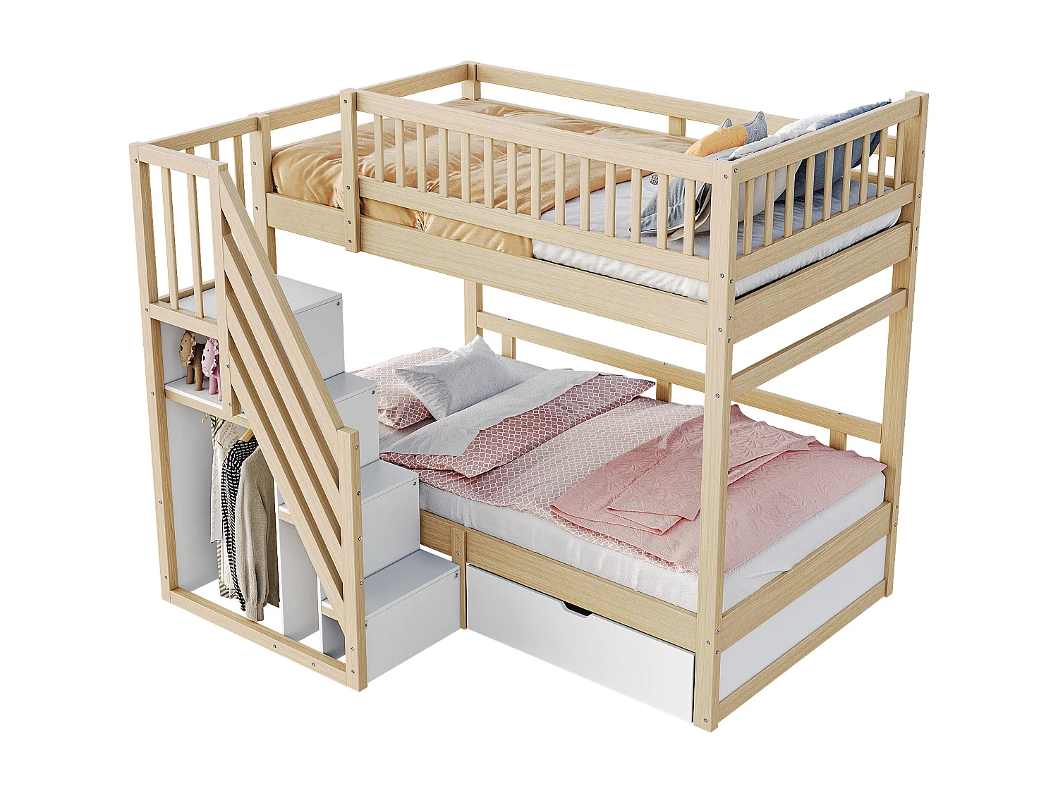 Lit mezzanine 90x200 cm, bois massif, barrières hautes, lattenrost, échelle sécurisée avec rangement, tiroirs, lit junior, bois naturel