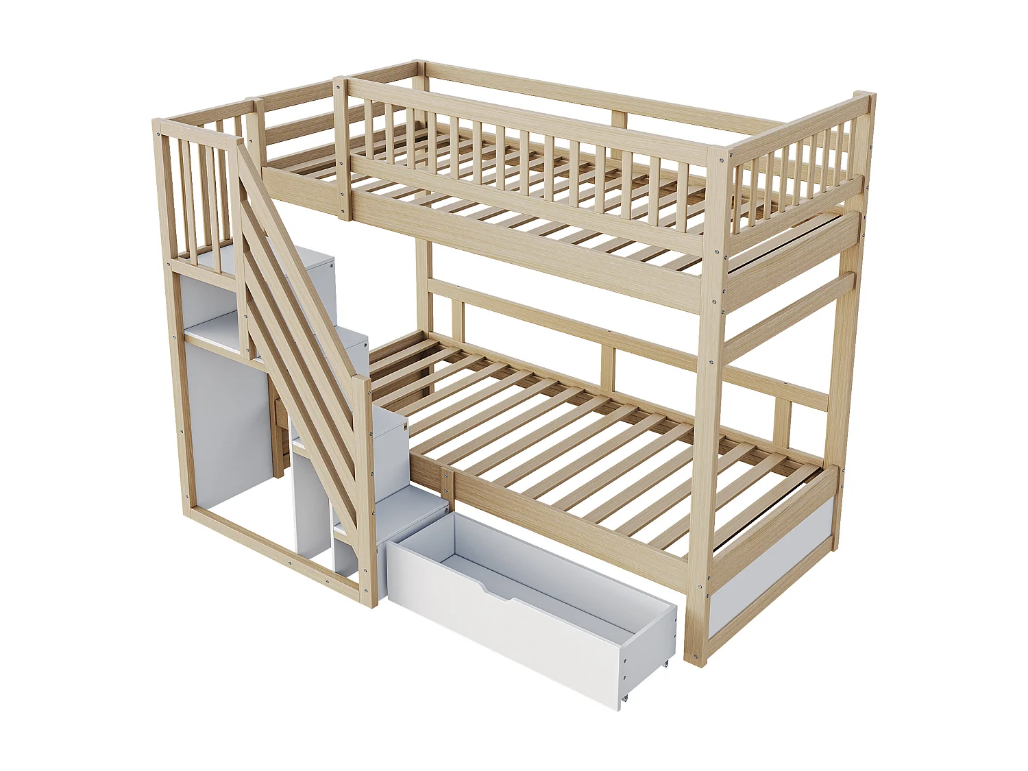 Lit mezzanine 90x200 cm, bois massif, barrières hautes, lattenrost, échelle sécurisée avec rangement, tiroirs, lit junior, bois naturel