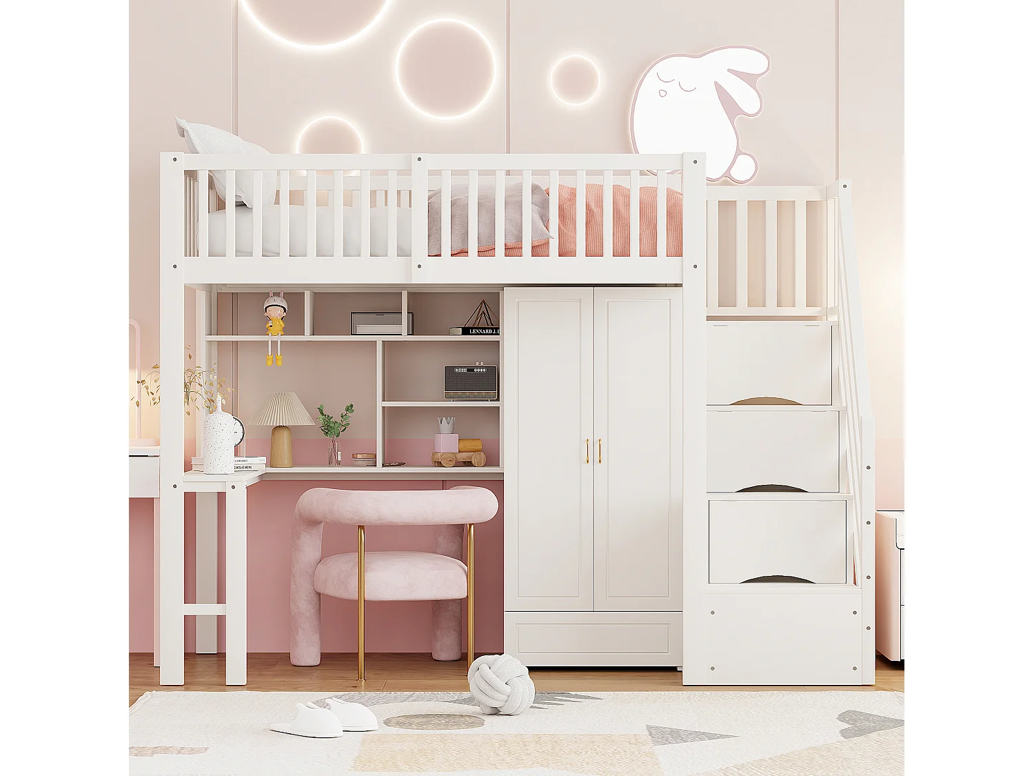 Lit mezzanine 90x200 cm avec grand dressing, étagères et bureau, escalier de rangement, bois blanc