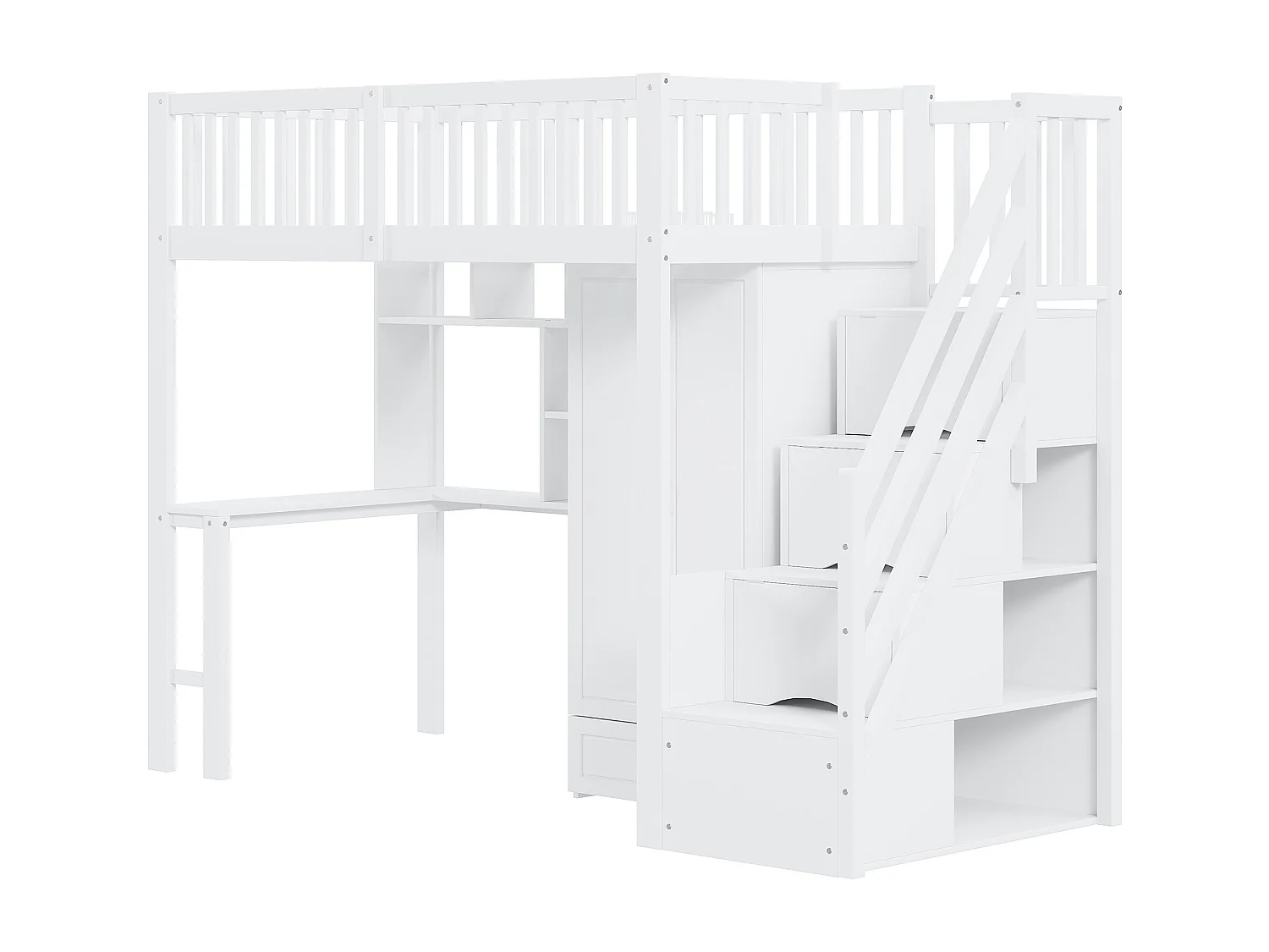 Lit mezzanine 90x200 cm avec grand dressing, étagères et bureau, escalier de rangement, bois blanc