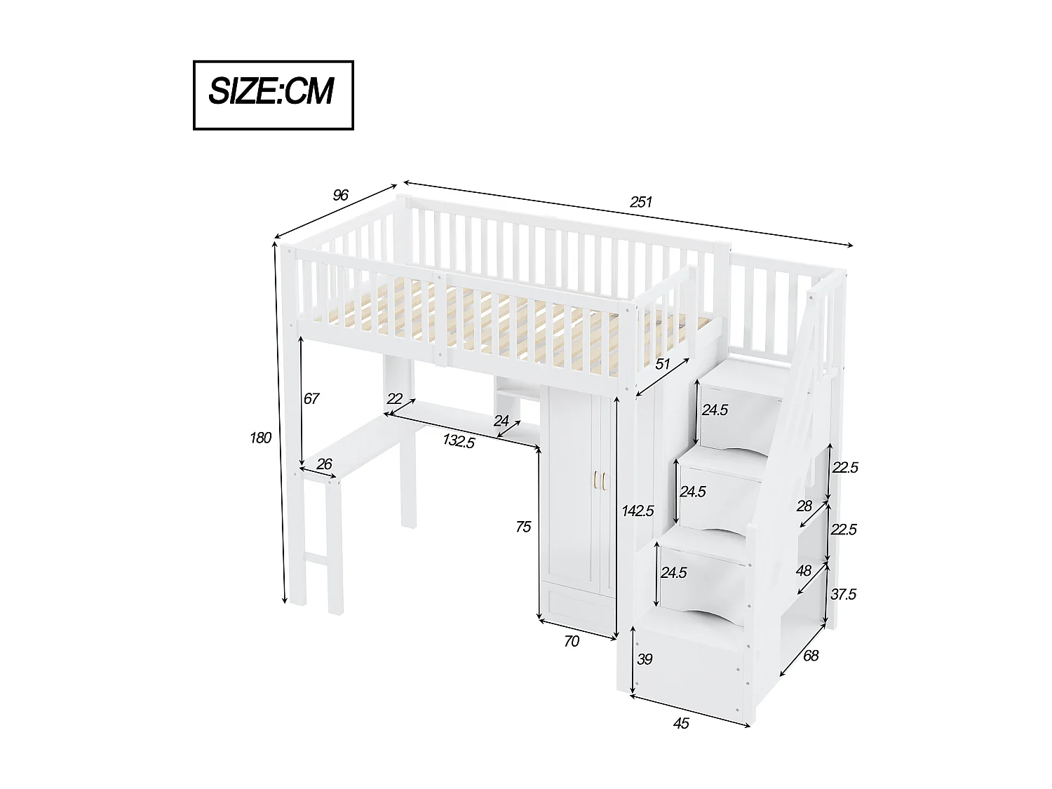 Lit mezzanine 90x200 cm avec grand dressing, étagères et bureau, escalier de rangement, bois blanc