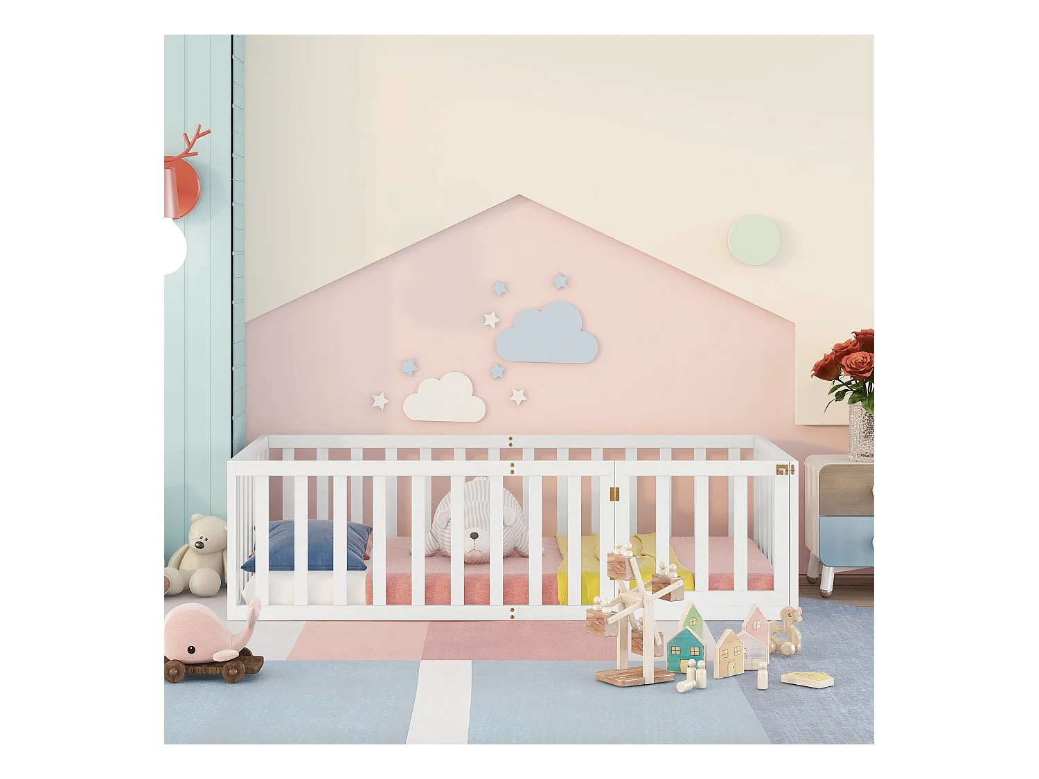 Lit enfant 90x200 cm blanc, cadre en bois avec plancher, barrière de sécurité et petite porte d’accès