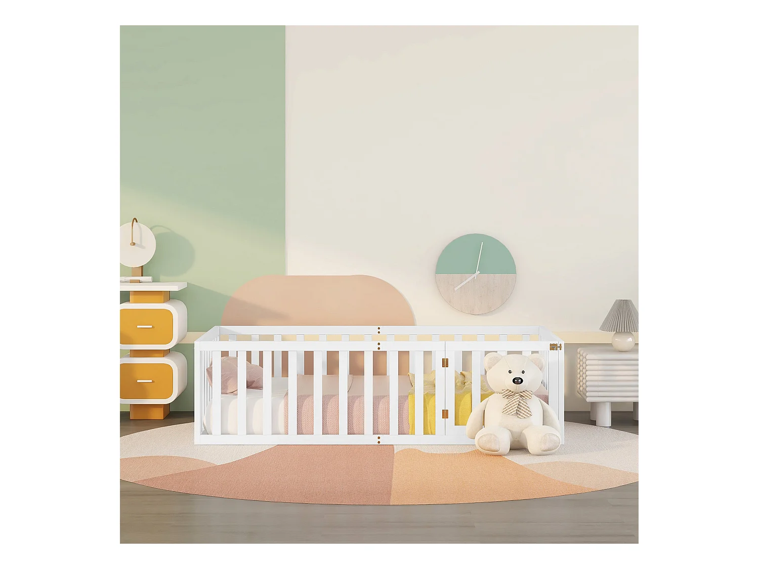 Lit enfant 90x200 cm blanc, cadre en bois avec plancher, barrière de sécurité et petite porte d’accès