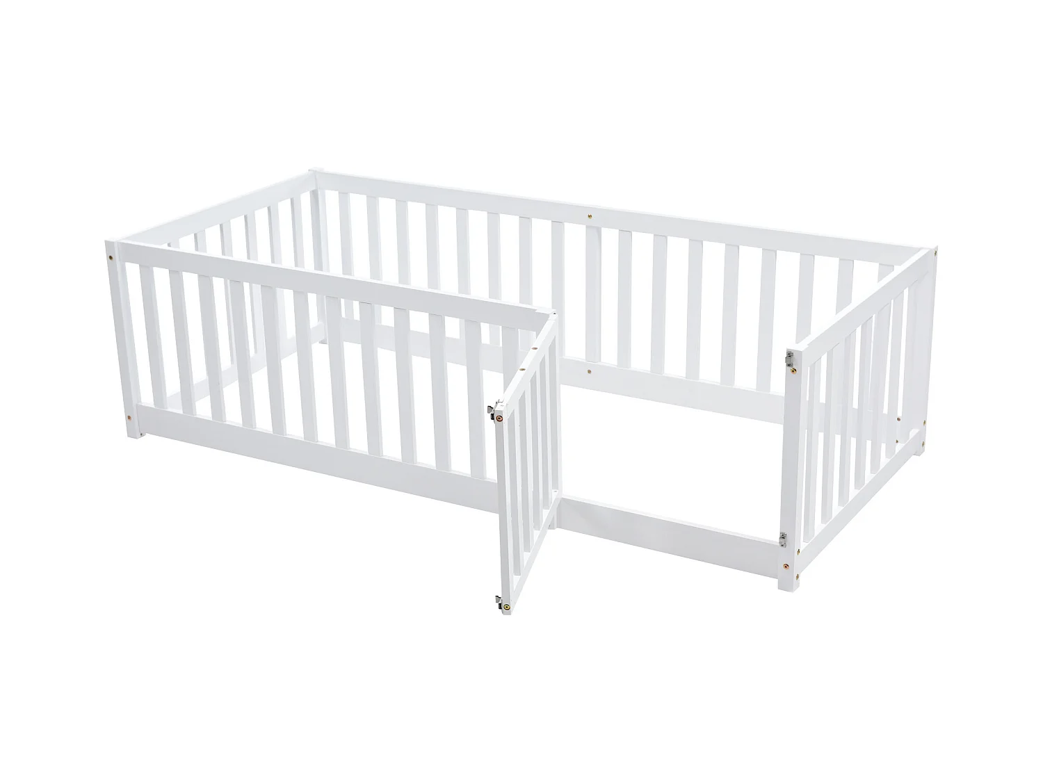 Lit enfant 90x200 cm blanc, cadre en bois avec plancher, barrière de sécurité et petite porte d’accès