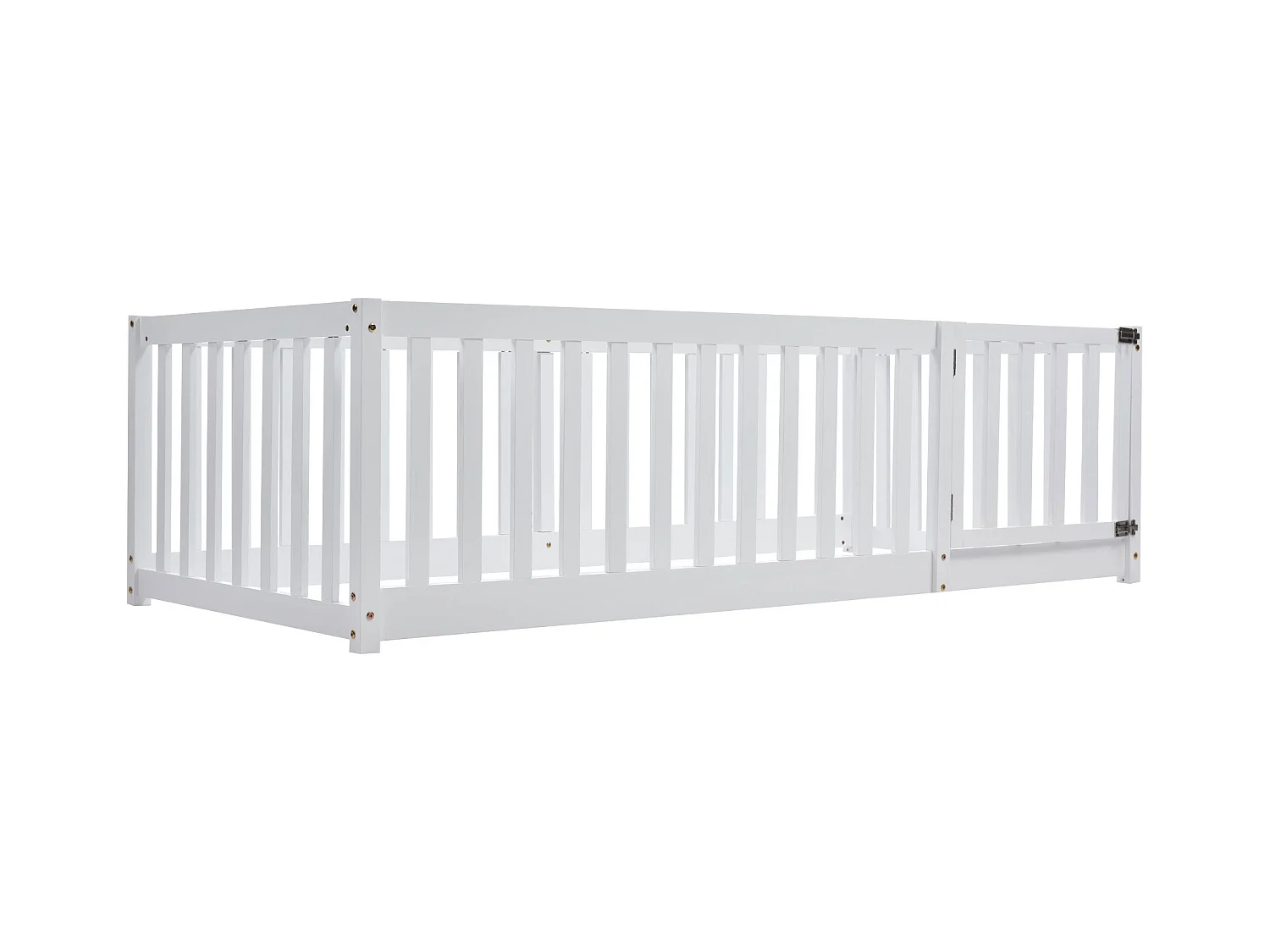 Lit enfant 90x200 cm blanc, cadre en bois avec plancher, barrière de sécurité et petite porte d’accès