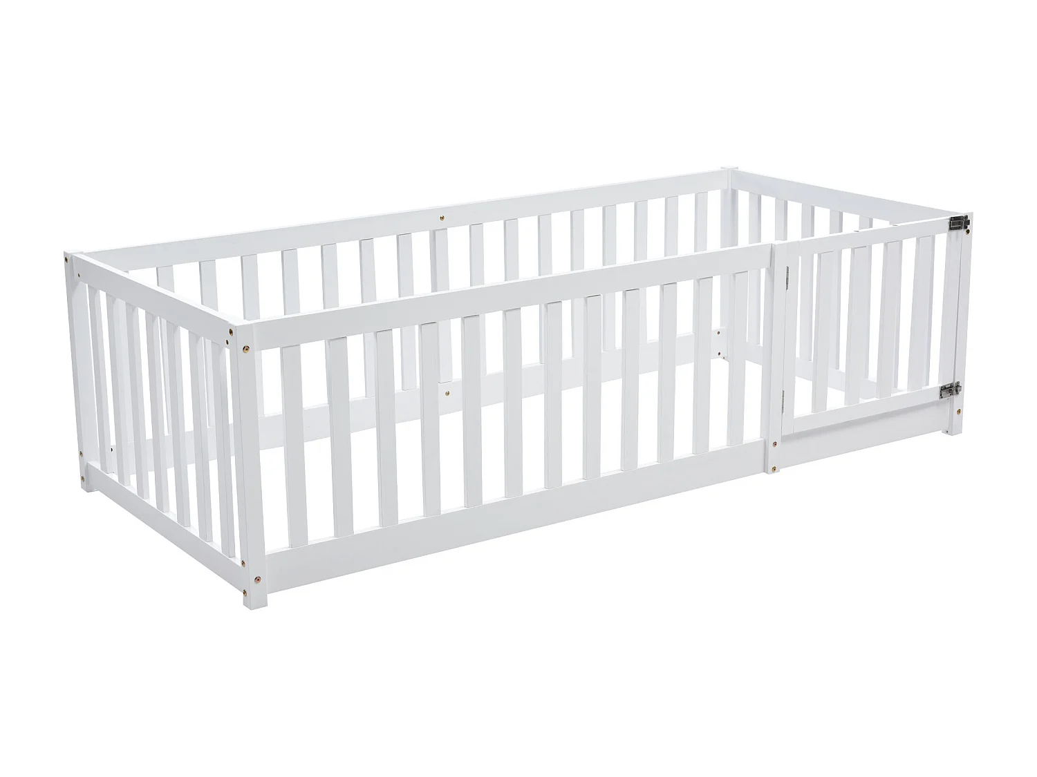 Lit enfant 90x200 cm blanc, cadre en bois avec plancher, barrière de sécurité et petite porte d’accès