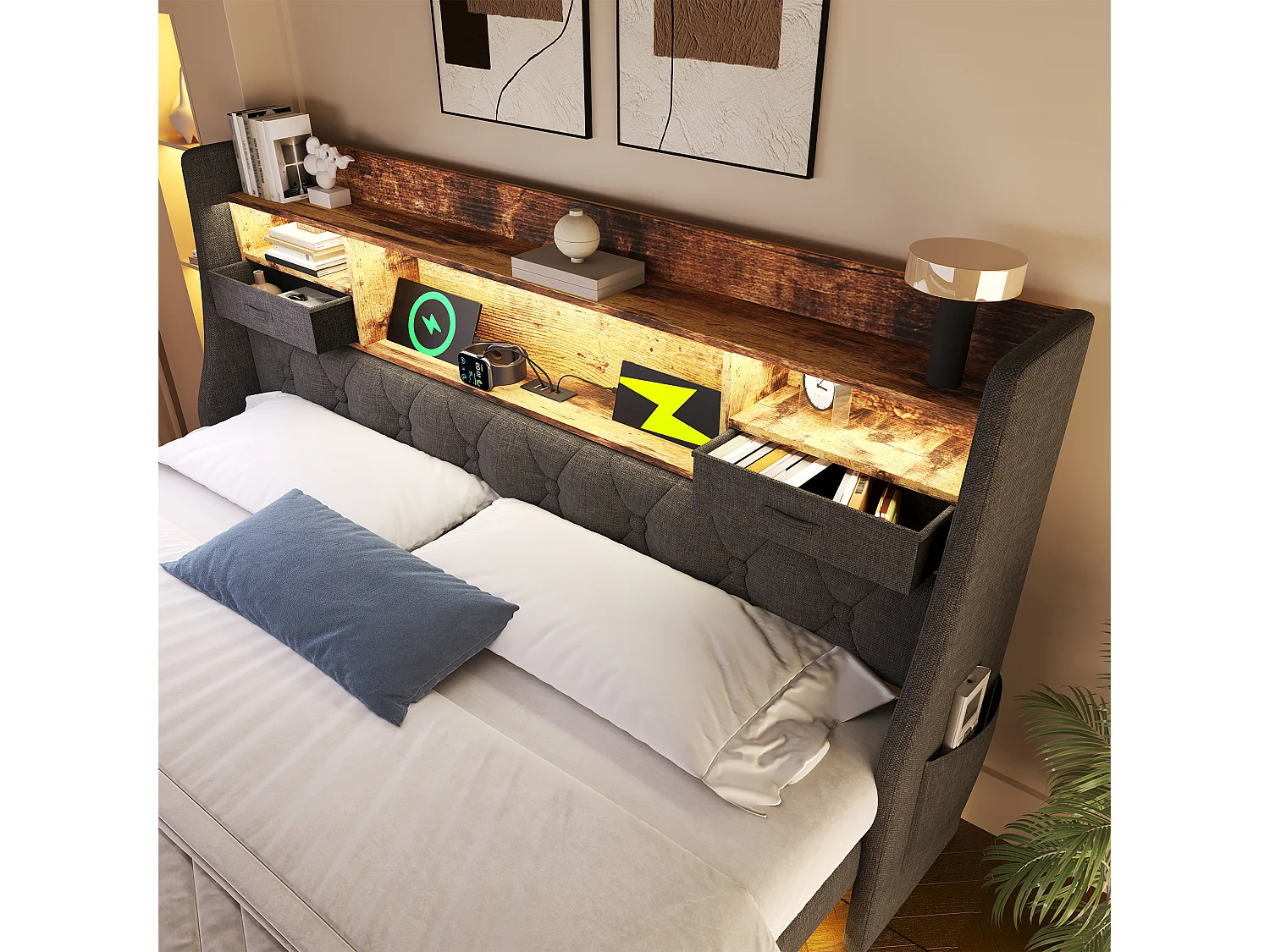 Lit tapissé 160x200 cm flottant avec LED, rangement tête, 1 Type-C et 3 USB, tissu lin gris, double (Avec matelas)