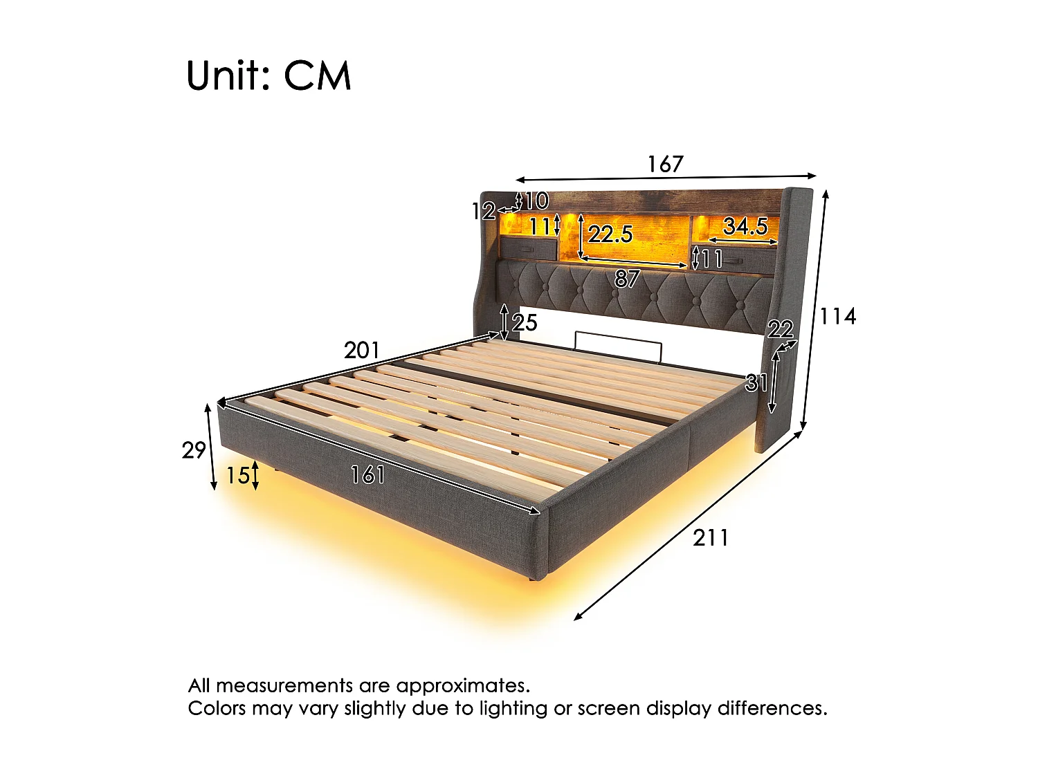 Lit tapissé 160x200 cm flottant avec LED, rangement tête, 1 Type-C et 3 USB, tissu lin gris, double (Avec matelas)