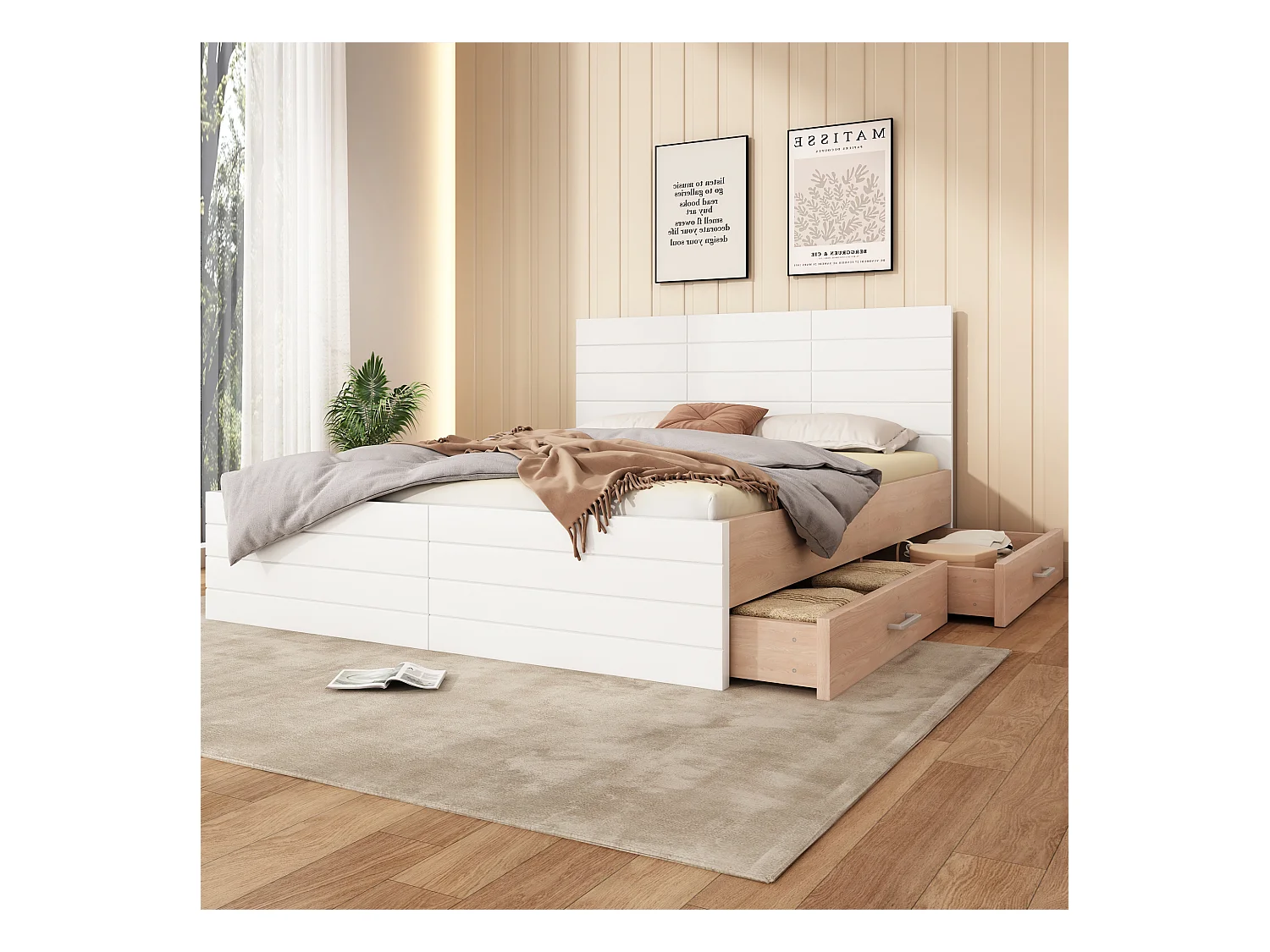 Lit double en bois 180×200 cm avec 2 tiroirs, structure et sommier inclus, style moderne chêne/blanc