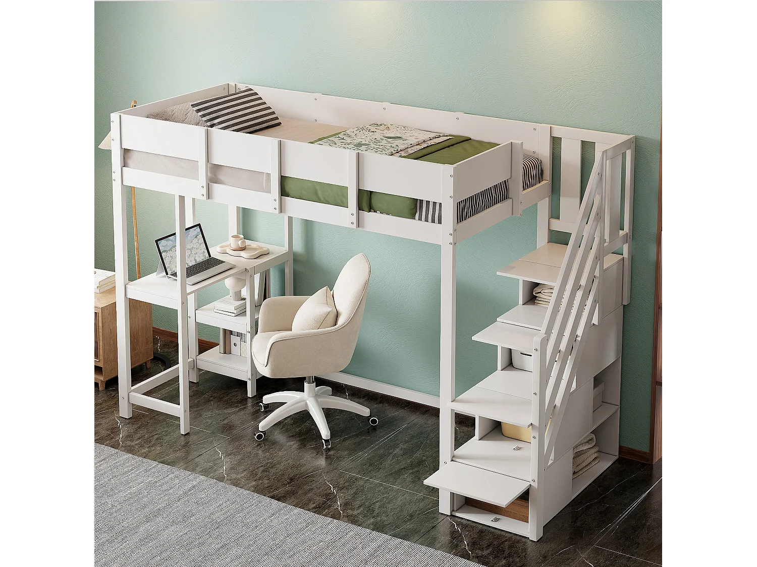 Lit superposé multifonction 90x200 cm blanc avec étagères, espace de rangement et sommier en pin massif