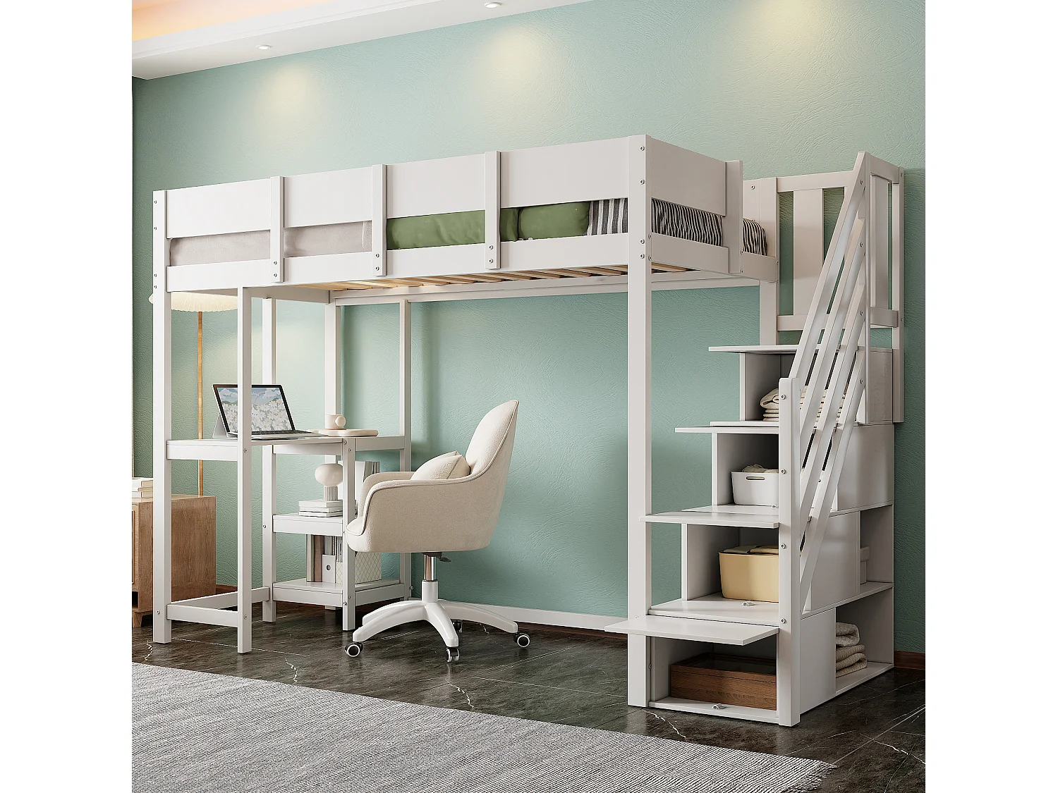 Lit superposé multifonction 90x200 cm blanc avec étagères, espace de rangement et sommier en pin massif