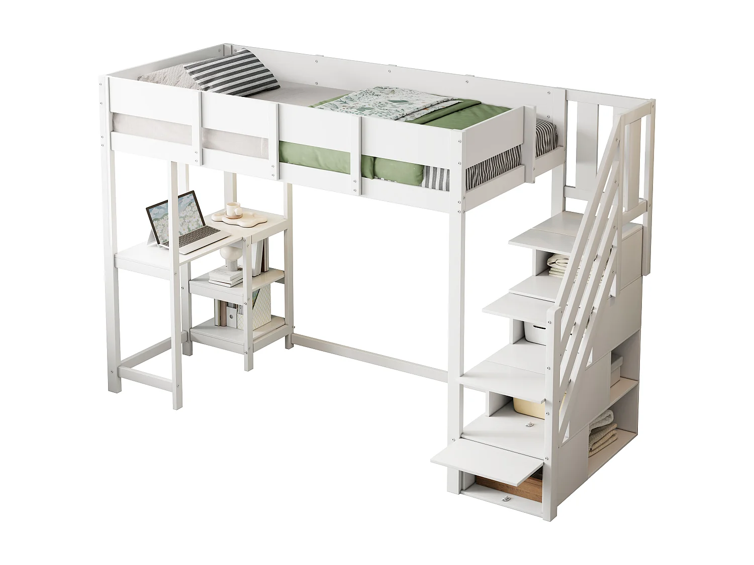 Lit superposé multifonction 90x200 cm blanc avec étagères, espace de rangement et sommier en pin massif