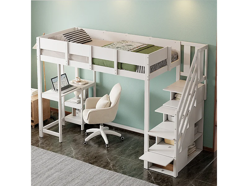 Lit superposé multifonction 90x200 cm blanc avec étagères, espace de rangement et sommier en pin massif