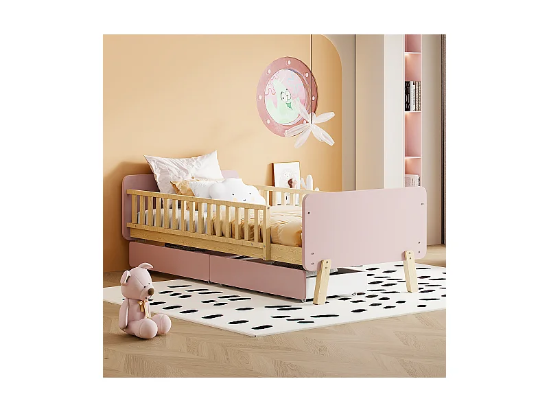 Lit enfant 90x190 cm, avec 2 tiroirs, lit simple en bois massif, lattenrost, rose