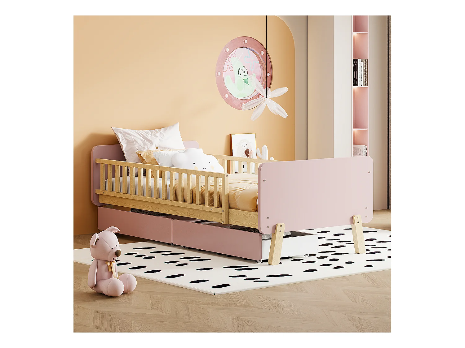 Lit enfant 90x190 cm, avec 2 tiroirs, lit simple en bois massif, lattenrost, rose