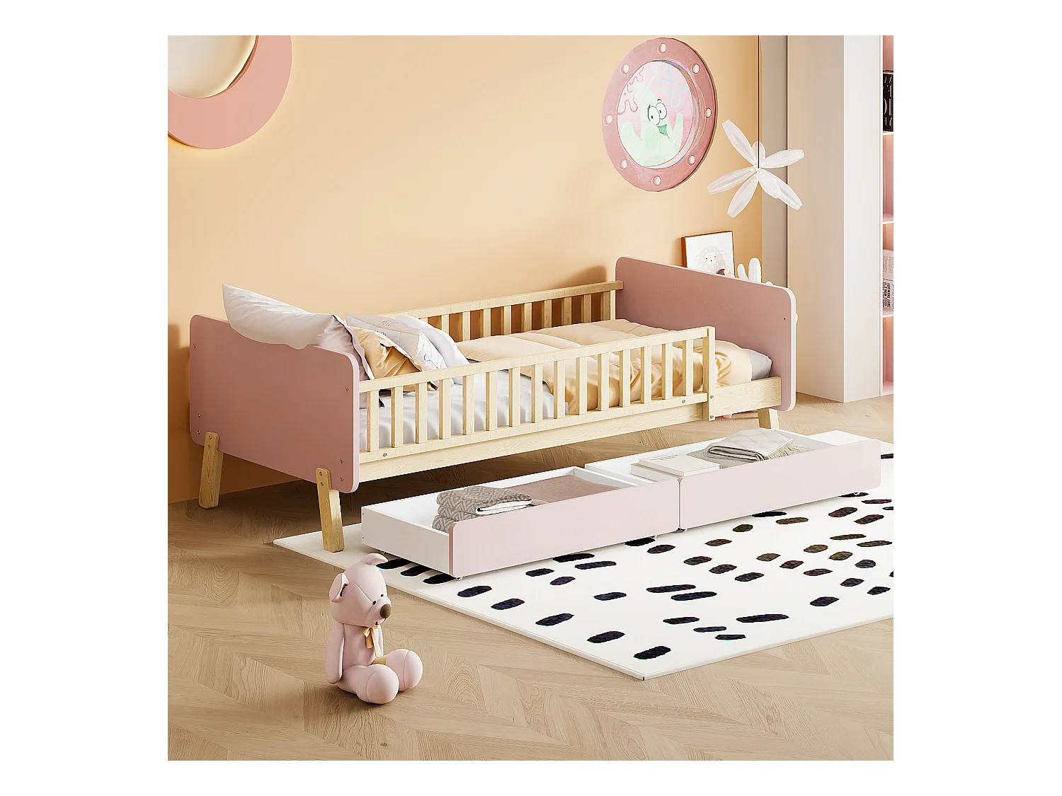 Lit enfant 90x190 cm, avec 2 tiroirs, lit simple en bois massif, lattenrost, rose