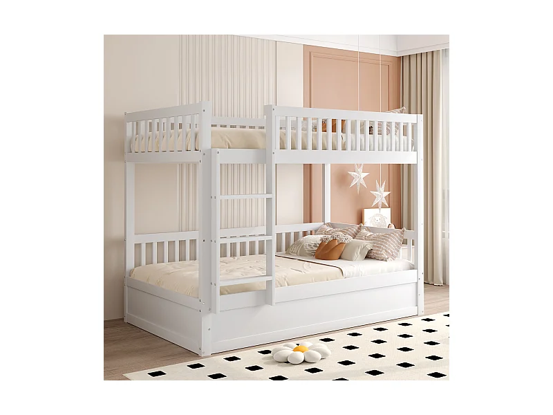 Lit superposé enfant 90x200 cm, bois massif, système de rangement hydraulique, lit robuste et durable pour enfants, blanc