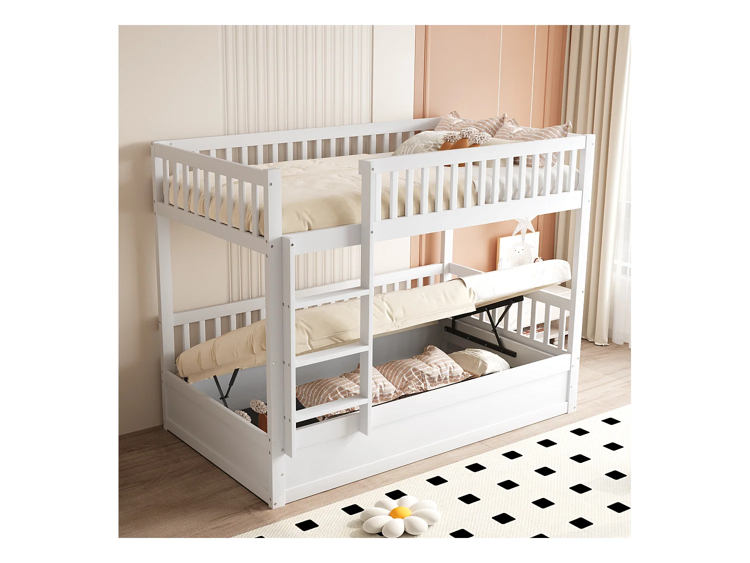 Lit superposé enfant 90x200 cm, bois massif, système de rangement hydraulique, lit robuste et durable pour enfants, blanc