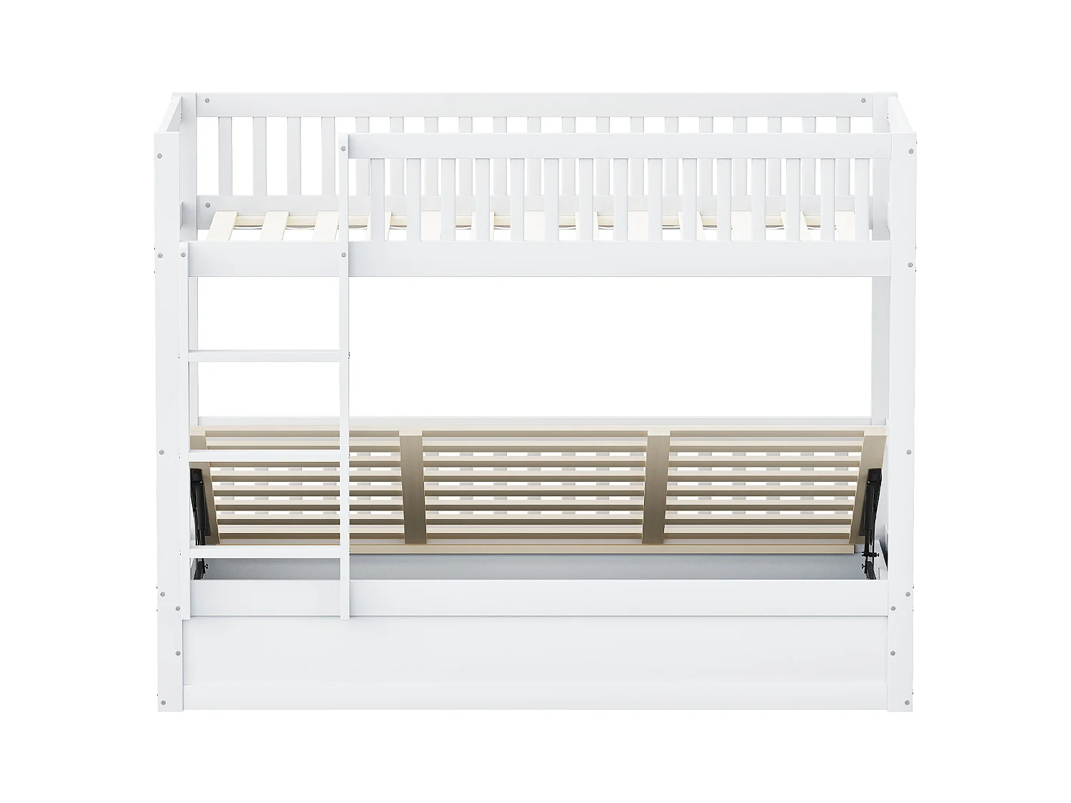 Lit superposé enfant 90x200 cm, bois massif, système de rangement hydraulique, lit robuste et durable pour enfants, blanc