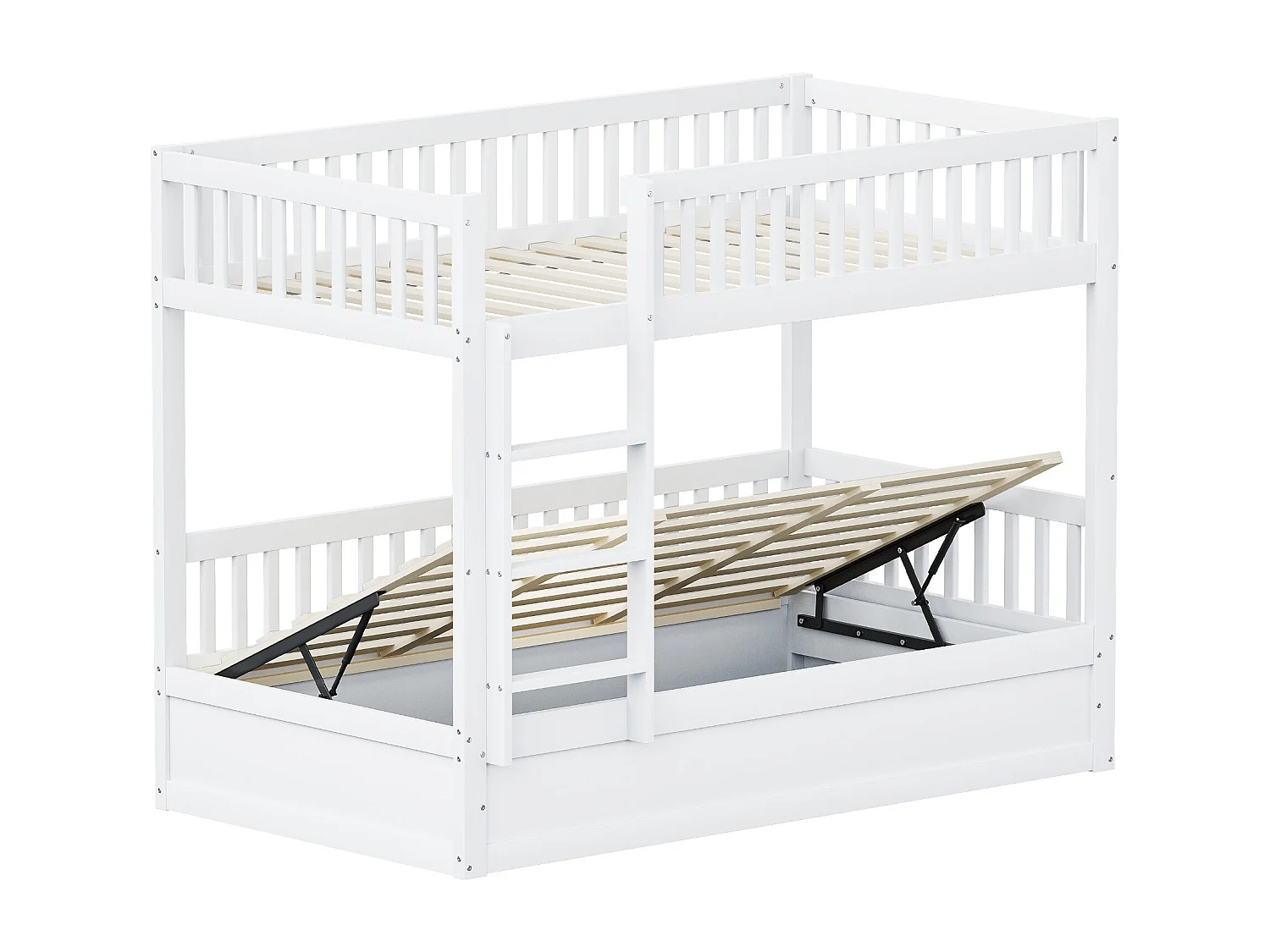 Lit superposé enfant 90x200 cm, bois massif, système de rangement hydraulique, lit robuste et durable pour enfants, blanc