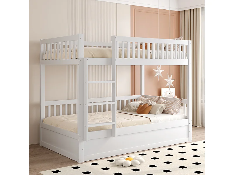 Lit superposé enfant 90x200 cm, bois massif, système de rangement hydraulique, lit robuste et durable pour enfants, blanc