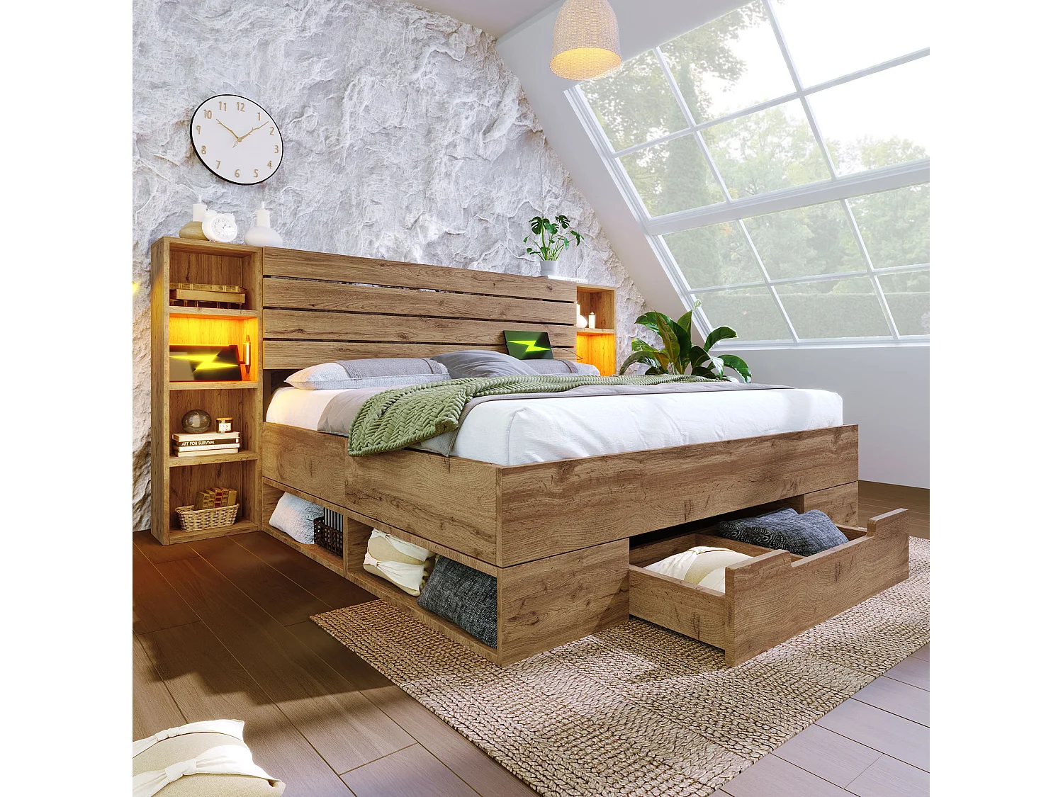 Lit en bois massif 160x200 cm, rangement tête avec LED et USB-C, tiroirs, cadre bois avec lattes chêne (Avec matelas)